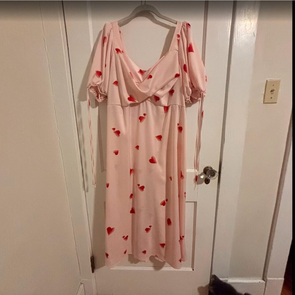 Eloquii Puff Sleeve Satin Dress Pink Heart Print Dress 18 - Picture 3 of 6